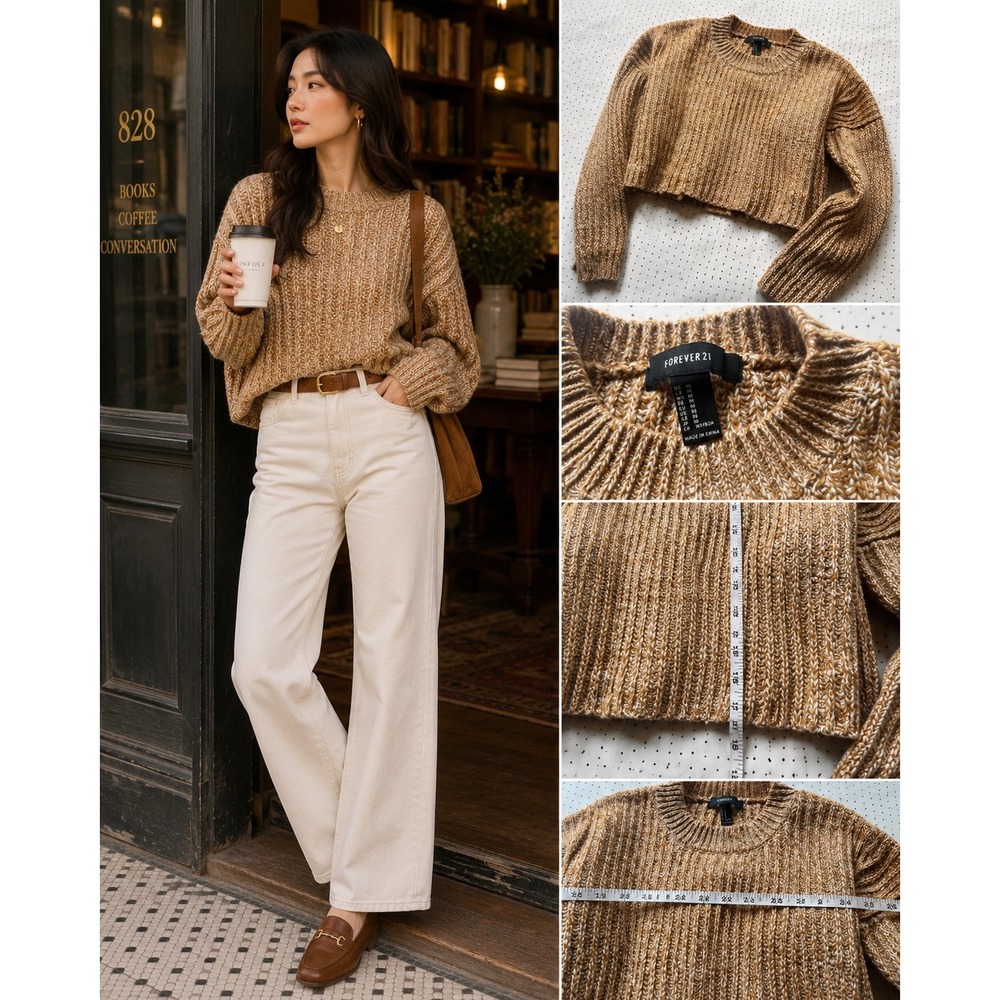 Forever 21 Women M Camel Cream Marled Cozy Chunky Knit Cropped Sweater Oversized